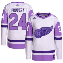 Youth Adidas Detroit Red Wings Bob Probert White/Purple Hockey Fights Cancer Primegreen Jersey - Authentic