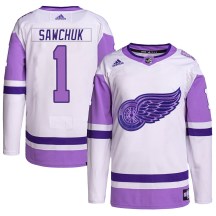 Youth Adidas Detroit Red Wings Terry Sawchuk White/Purple Hockey Fights Cancer Primegreen Jersey - Authentic