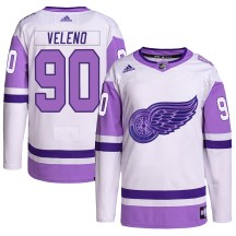Youth Adidas Detroit Red Wings Joe Veleno White/Purple Hockey Fights Cancer Primegreen Jersey - Authentic