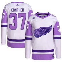 Men's Adidas Detroit Red Wings J.T. Compher White/Purple Hockey Fights Cancer Primegreen Jersey - Authentic