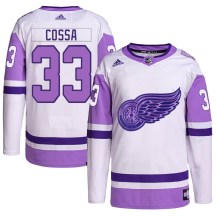 Men's Adidas Detroit Red Wings Sebastian Cossa White/Purple Hockey Fights Cancer Primegreen Jersey - Authentic