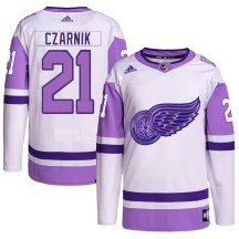 Men's Adidas Detroit Red Wings Austin Czarnik White/Purple Hockey Fights Cancer Primegreen Jersey - Authentic