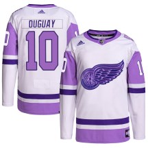 Men's Adidas Detroit Red Wings Ron Duguay White/Purple Hockey Fights Cancer Primegreen Jersey - Authentic