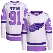 Men's Adidas Detroit Red Wings Sergei Fedorov White/Purple Hockey Fights Cancer Primegreen Jersey - Authentic
