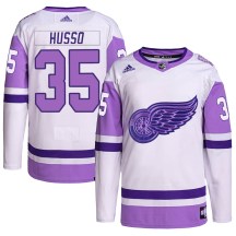 Men's Adidas Detroit Red Wings Ville Husso White/Purple Hockey Fights Cancer Primegreen Jersey - Authentic