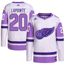 Men's Adidas Detroit Red Wings Martin Lapointe White/Purple Hockey Fights Cancer Primegreen Jersey - Authentic