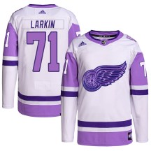 Men's Adidas Detroit Red Wings Dylan Larkin White/Purple Hockey Fights Cancer Primegreen Jersey - Authentic