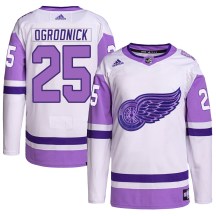 Men's Adidas Detroit Red Wings John Ogrodnick White/Purple Hockey Fights Cancer Primegreen Jersey - Authentic