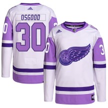 Men's Adidas Detroit Red Wings Chris Osgood White/Purple Hockey Fights Cancer Primegreen Jersey - Authentic