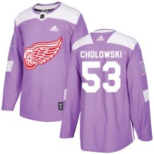 Men's Adidas Detroit Red Wings Dennis Cholowski Purple Hockey Fights Cancer Practice Jersey - Authentic