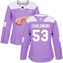 Women's Adidas Detroit Red Wings Dennis Cholowski Purple Hockey Fights Cancer Practice Jersey - Authentic