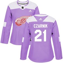 Women's Adidas Detroit Red Wings Austin Czarnik Purple Hockey Fights Cancer Practice Jersey - Authentic