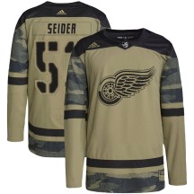 Youth Adidas Detroit Red Wings Moritz Seider Camo Military Appreciation Practice Jersey - Authentic