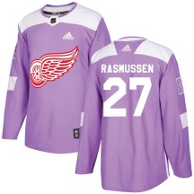 Youth Adidas Detroit Red Wings Michael Rasmussen Purple Hockey Fights Cancer Practice Jersey - Authentic