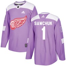 Youth Adidas Detroit Red Wings Terry Sawchuk Purple Hockey Fights Cancer Practice Jersey - Authentic