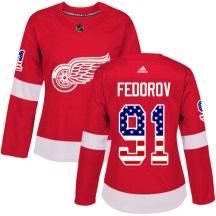 Women's Adidas Detroit Red Wings Sergei Fedorov Red USA Flag Fashion Jersey - Authentic